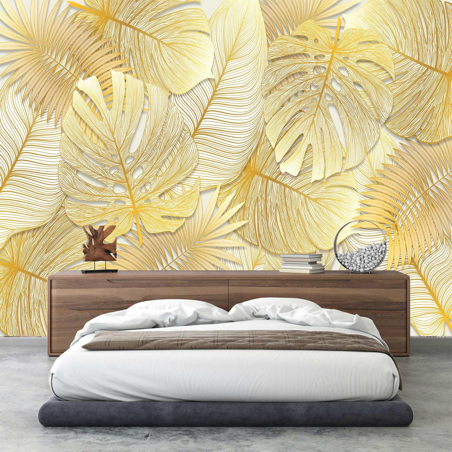 Visual 3D Golden line Texture Leaf Wallpaper Plant Landscape Mural (Self-Adhesive) - 85"x118"