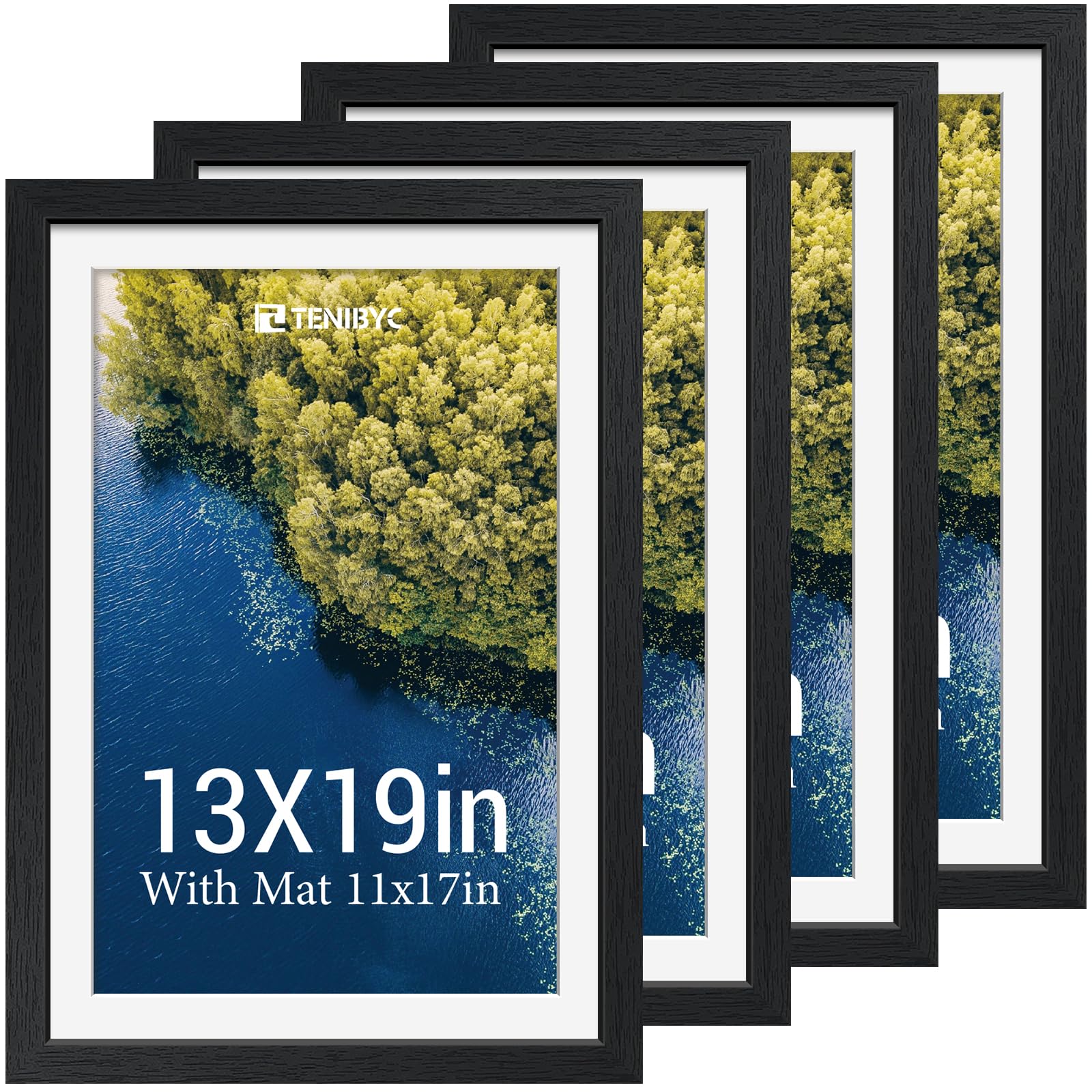 12x16 Picture Frame Set - 4 Pack, Walnut Solid Wood Photo Frames - Tempered Glass - Displays Photos 8.5x11 with Mat or 12 x 16 without - Room, Office, Gallery, Studio, and Hallway Decor - Wall Hanging