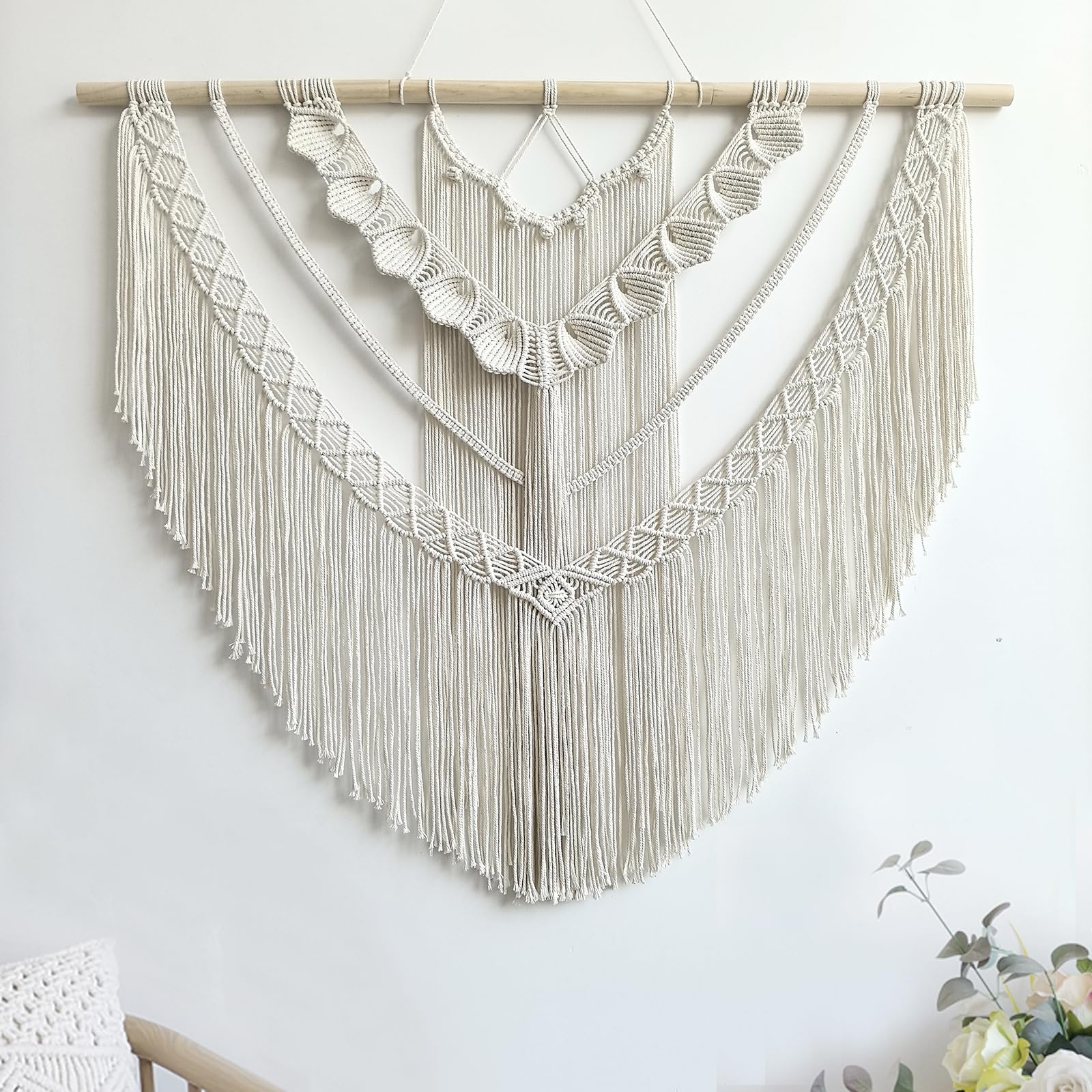 Achart Macrame Wall Hanging Large- Boho Wall Decor- large wall art- Wall Decor Living Room- Macrame Tapestry Boho Decor for Bedroom (Wooden Bead)
