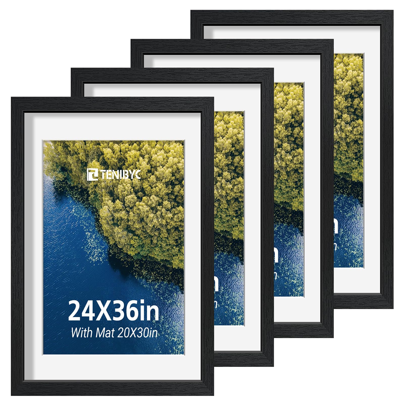 12x16 Picture Frame Set - 4 Pack, Walnut Solid Wood Photo Frames - Tempered Glass - Displays Photos 8.5x11 with Mat or 12 x 16 without - Room, Office, Gallery, Studio, and Hallway Decor - Wall Hanging