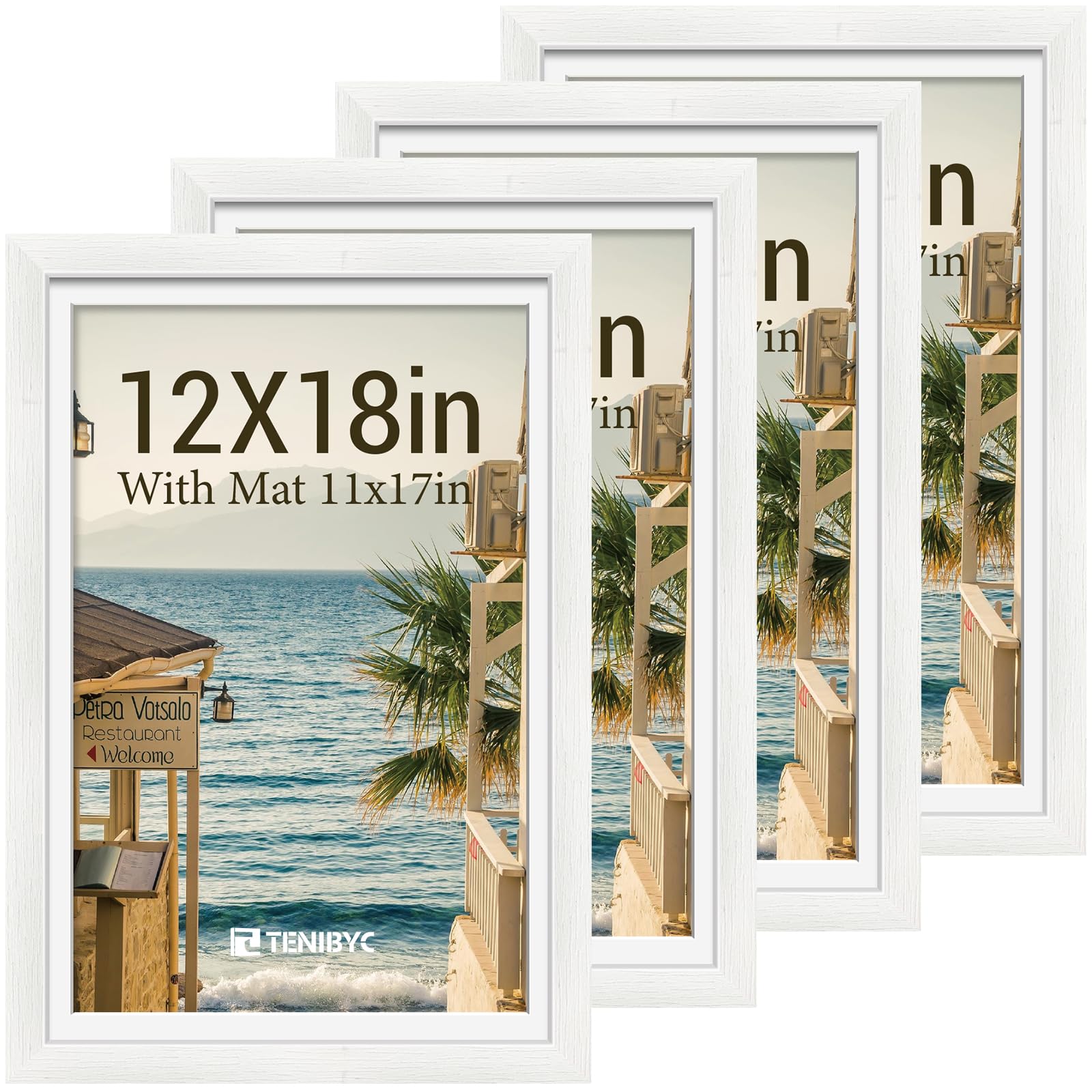 12x16 Picture Frame Set - 4 Pack, Walnut Solid Wood Photo Frames - Tempered Glass - Displays Photos 8.5x11 with Mat or 12 x 16 without - Room, Office, Gallery, Studio, and Hallway Decor - Wall Hanging