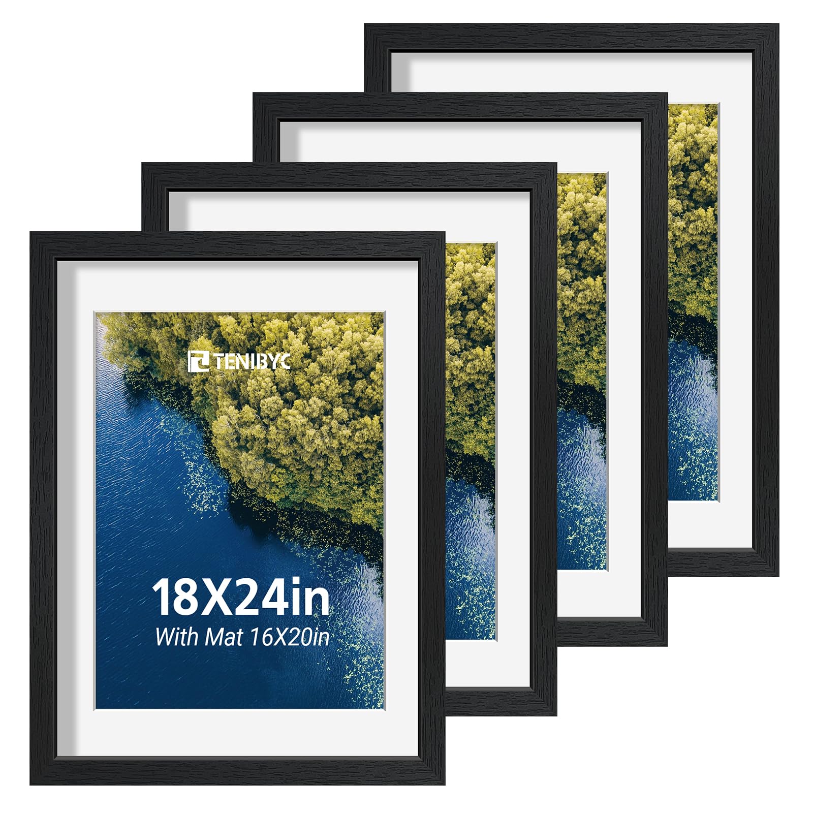12x16 Picture Frame Set - 4 Pack, Walnut Solid Wood Photo Frames - Tempered Glass - Displays Photos 8.5x11 with Mat or 12 x 16 without - Room, Office, Gallery, Studio, and Hallway Decor - Wall Hanging