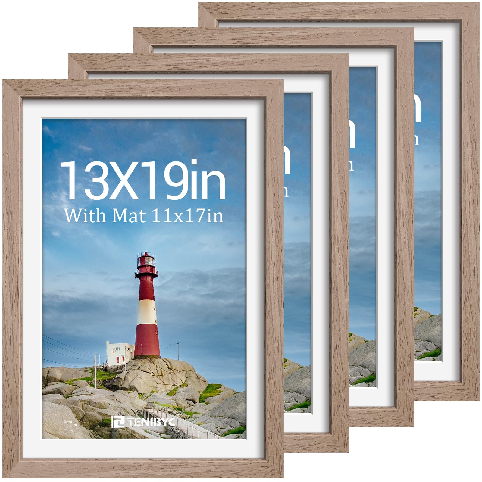 12x16 Picture Frame Set - 4 Pack, Walnut Solid Wood Photo Frames - Tempered Glass - Displays Photos 8.5x11 with Mat or 12 x 16 without - Room, Office, Gallery, Studio, and Hallway Decor - Wall Hanging