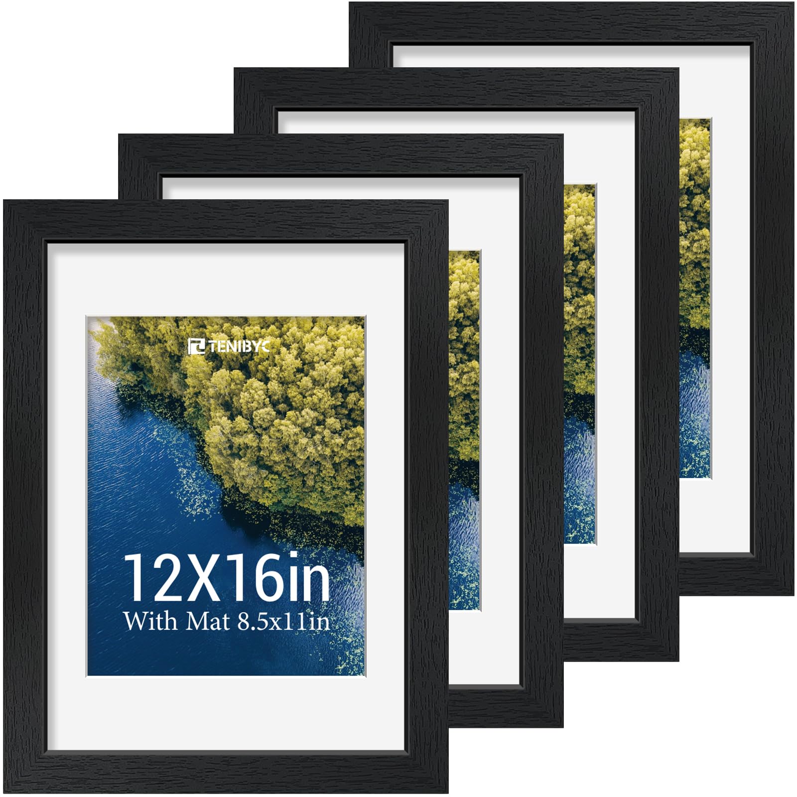 12x16 Picture Frame Set - 4 Pack, Walnut Solid Wood Photo Frames - Tempered Glass - Displays Photos 8.5x11 with Mat or 12 x 16 without - Room, Office, Gallery, Studio, and Hallway Decor - Wall Hanging