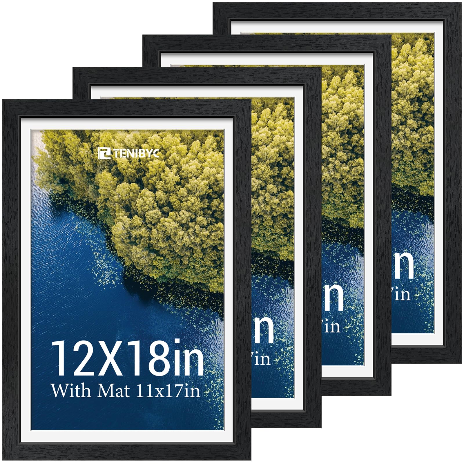 12x16 Picture Frame Set - 4 Pack, Walnut Solid Wood Photo Frames - Tempered Glass - Displays Photos 8.5x11 with Mat or 12 x 16 without - Room, Office, Gallery, Studio, and Hallway Decor - Wall Hanging