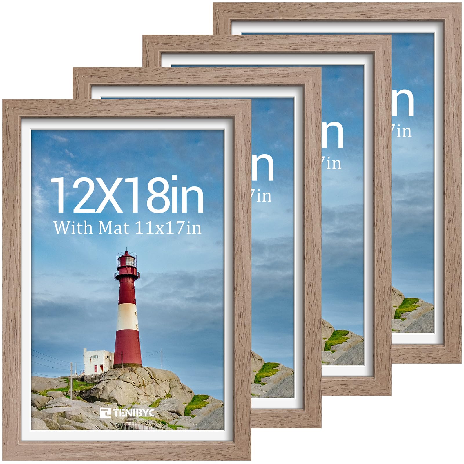 12x16 Picture Frame Set - 4 Pack, Walnut Solid Wood Photo Frames - Tempered Glass - Displays Photos 8.5x11 with Mat or 12 x 16 without - Room, Office, Gallery, Studio, and Hallway Decor - Wall Hanging