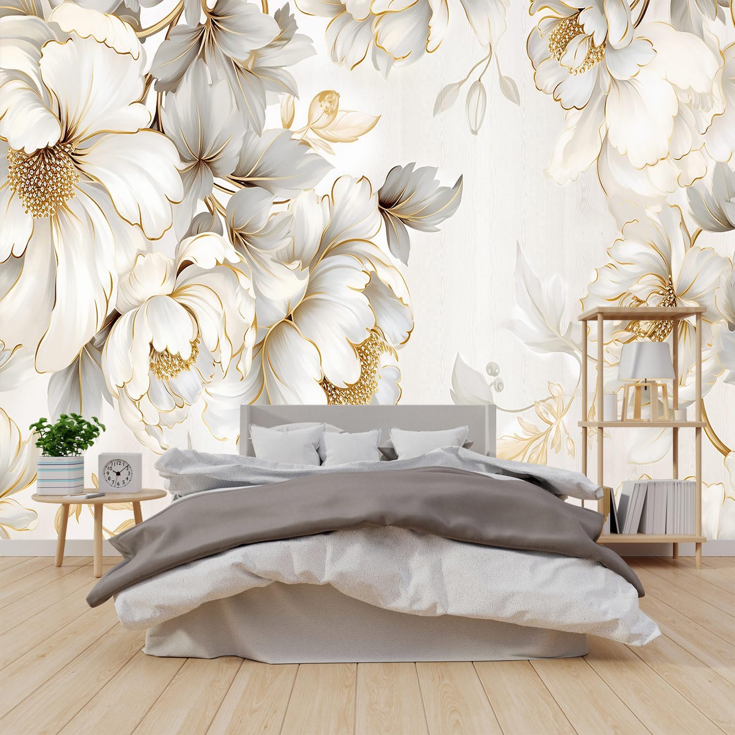 Visual 3D Golden line Texture Leaf Wallpaper Plant Landscape Mural (Self-Adhesive) - 85"x118"