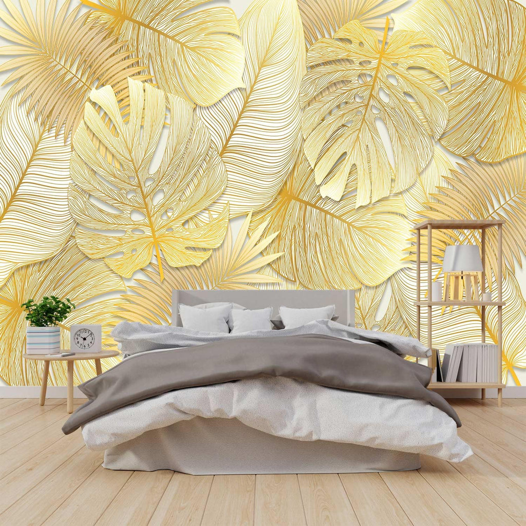 Visual 3D Golden line Texture Leaf Wallpaper Plant Landscape Mural (Self-Adhesive) - 85"x118"
