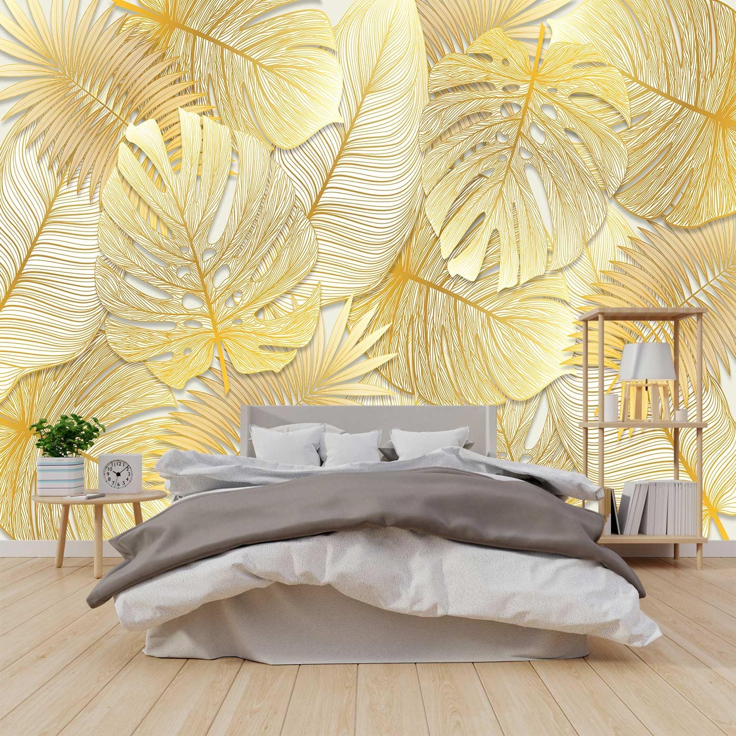 Visual 3D Golden line Texture Leaf Wallpaper Plant Landscape Mural (Self-Adhesive) - 85"x118"