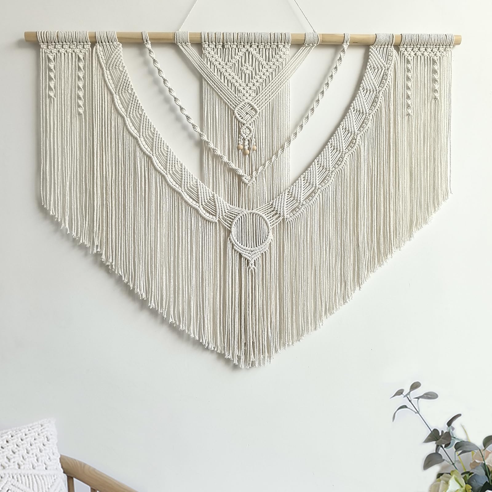 Achart Macrame Wall Hanging Large- Boho Wall Decor- large wall art- Wall Decor Living Room- Macrame Tapestry Boho Decor for Bedroom (Wooden Bead)