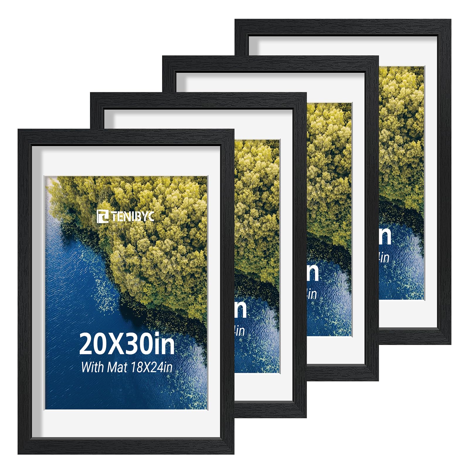 12x16 Picture Frame Set - 4 Pack, Walnut Solid Wood Photo Frames - Tempered Glass - Displays Photos 8.5x11 with Mat or 12 x 16 without - Room, Office, Gallery, Studio, and Hallway Decor - Wall Hanging