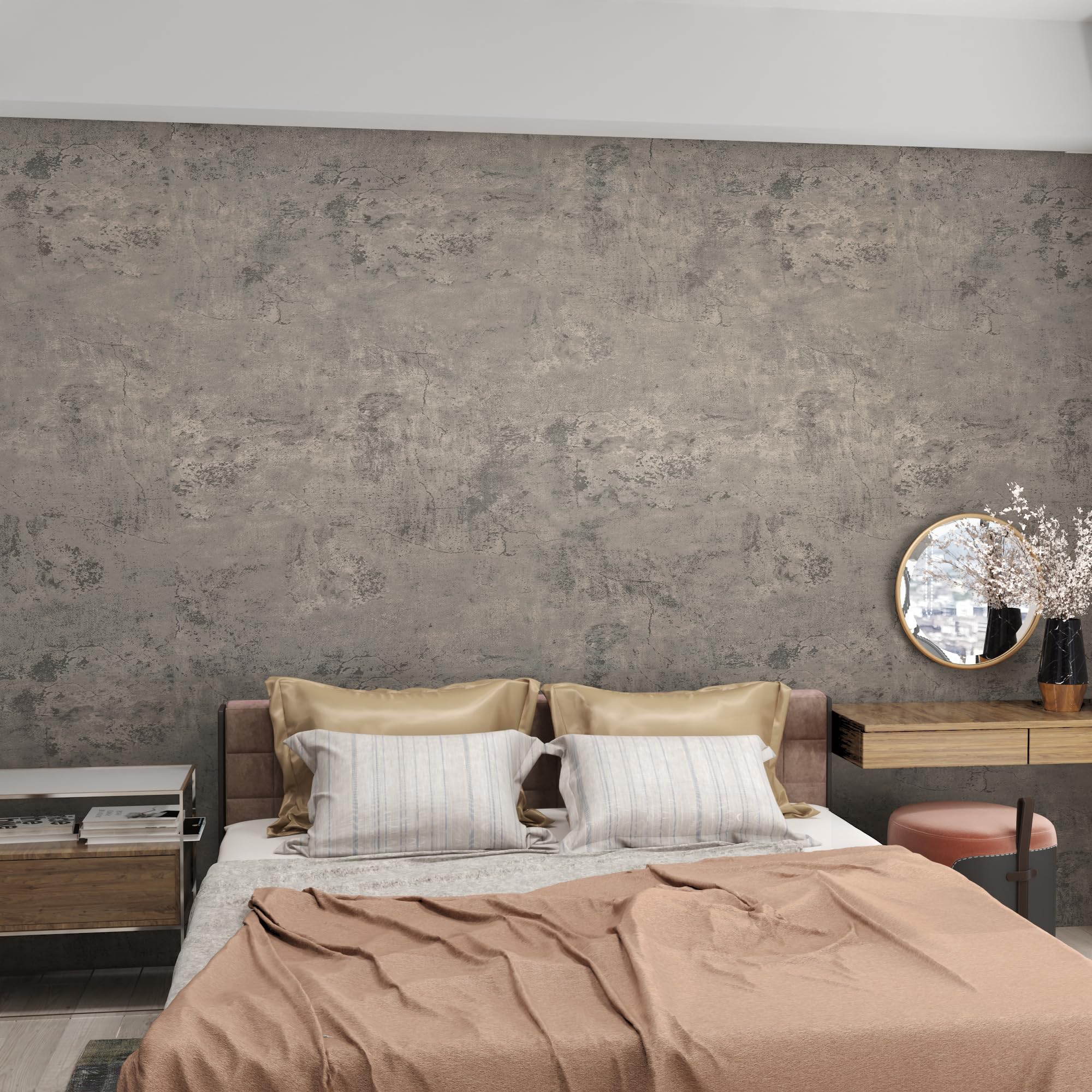 3yecao 24"×354" Wide Thick Light Brown Grey Concrete Wallpaper Peel and Stick 3D Distressed Faux Vinyl Wrap Industrial Cement Contact Paper Matte Textured Wall Sticker for Gym Bathroom Bedroom Walls