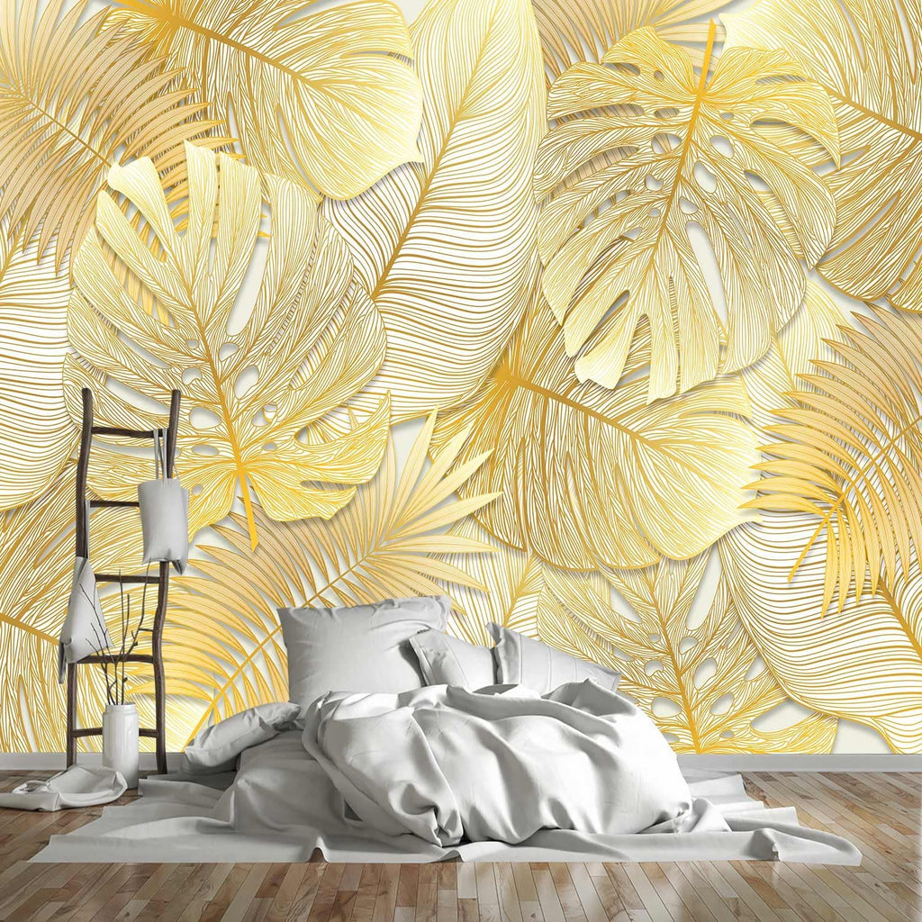 Visual 3D Golden line Texture Leaf Wallpaper Plant Landscape Mural (Self-Adhesive) - 85"x118"
