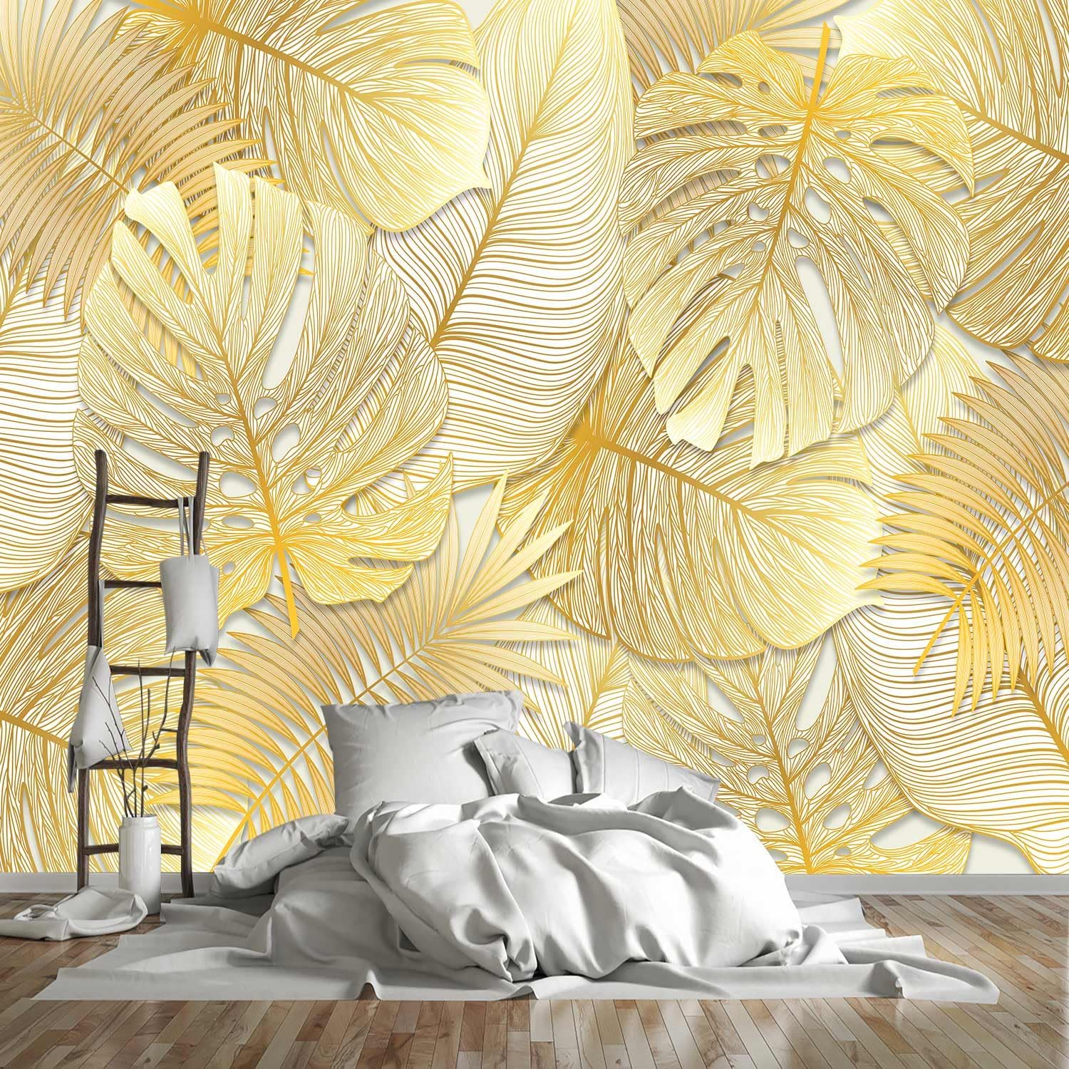 Visual 3D Golden line Texture Leaf Wallpaper Plant Landscape Mural (Self-Adhesive) - 85"x118"